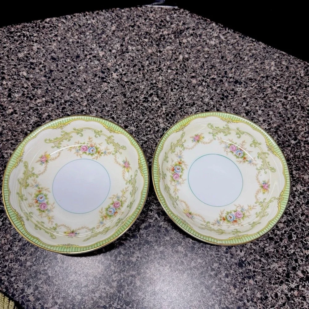 1930s Noritake Marlene Green Fruit Bowls Set of 2 Floral Gold  Vintage